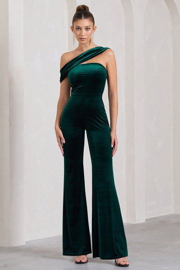 Georgia Bottle Green Velvet Asymmetric Wide-Leg Jumpsuit